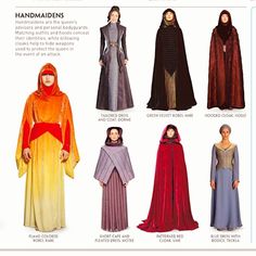 several different types of medieval costumes for women and men, all with hoods on them