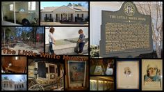 the little white house has many pictures of people and things around it, including an old truck