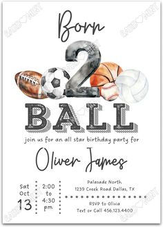 an image of a birthday party card with the number two and sports balls on it