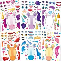 unicorn face stickers are shown in four different colors and shapes, including hearts, stars,