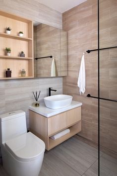 a white toilet sitting next to a bathroom sink under a wooden shelf filled with potted plants