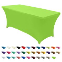 an image of a green table cloth with different colors and shapes on the table top