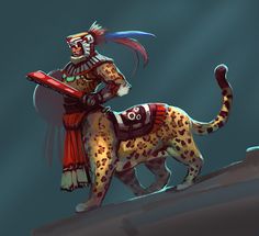 a drawing of a person riding on the back of a cheetah like animal