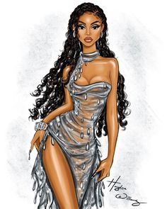 a drawing of a woman in a silver dress