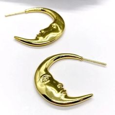 New Crescent Moon Face Statement Earrings Features: Gold Plated Stainless Steel, Beautiful Detail, Double Sided Crescent Moon Earrings Nwot Trendy Gold Crescent Earrings, Trendy Crescent Earrings For Pierced Ears, Metal Moon-shaped Hoop Earrings, Trendy Crescent Earrings As Gift, Trendy Crescent Earrings For Gift, Handmade Moon-shaped Hoop Earrings, Crescent Moon Face, Free People Earrings, Childrens Rugs