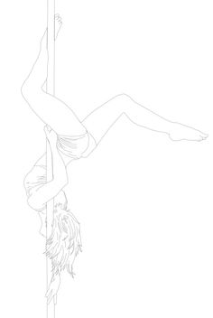 a drawing of a woman hanging upside down on a pole with her hands in the air