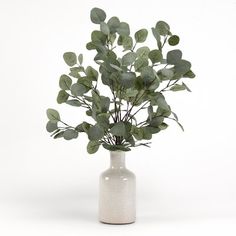 a white vase with some green leaves in it