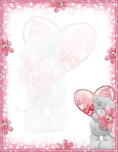 a teddy bear holding a heart shaped balloon in front of a pink and white background