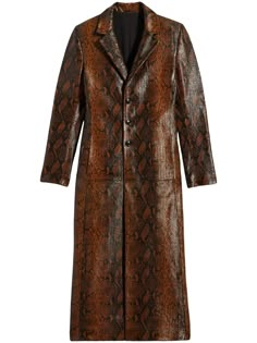 caramel brown leather snakeskin effect notched collar front button fastening long sleeves two side slit pockets long length Wizarding Fashion, Eli Saab, Dress Outerwear, Street Style Vintage, Edgy Glam, Long Leather Coat, Coat Trends, Fashion Basics, Fitted Coat