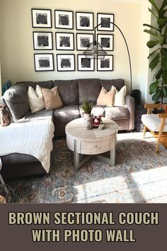 a living room with couches and pictures on the wall above it that says, brown sectional couch with photo wall