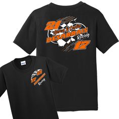 a black t - shirt with an orange and white design on the front that says,