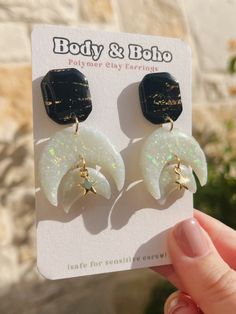 Body & Boho Jewelry is handmade in small batches by Natalie Filippone in Kerrville, TX. All earrings are made of polymer clay; a lightweight yet durable material. The metals used are always hypoallergenic, and safe for (most) sensitive ears. Your earrings should not tarnish, break, or hurt your ears. With proper care, your Body & Boho styles will keep for years! Refer to our Care page to see what to do to keep your earrings clean, dirt and dust free. Thank you so much for supporting my small business! Moon Drop, Dust Free, Sensitive Ears, Small Batches, Accessories Bracelets, Polymer Clay Earrings, Boho Jewelry, Clay Earrings, The Moon