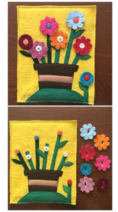 two pictures of flowers in a pot with buttons on the bottom and one is made out of felt