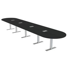 a long black table with four white legs