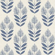 a blue and white wallpaper with leaves on it