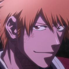 an anime character with red hair and white eyes looks at the camera while staring into the distance