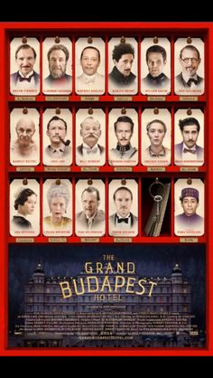 the grand budapest hotel is shown in this promotional poster for the movie, which features many actors