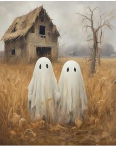 two ghost figures standing in the middle of a field with a barn in the background