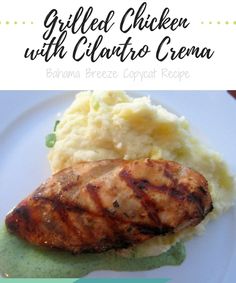 grilled chicken with cilantro cream on a white plate next to mashed potatoes