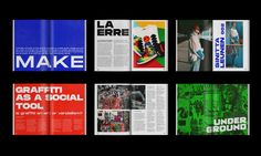 an assortment of magazine pages with different colors and designs on them, including the title'make graffiti as a social tool '