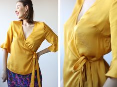 Vintage yellow viscose elbow sleeve deep V neck wrap blouse shirt top. Ties at waist, no lining. Material feels like viscose. Tag: BONDELID Size XS Will fit sizes XS-S best. Measured laying flat (double for circumference): 22'' / 56 cm length 18'' / 46 cm armpit to armpit across back 14'' / 36 cm shoulders seam to seam 13'' / 33 cm sleeve length Great vintage condition. Sunny Yellow, Silk Wrap, Elbow Sleeve, Neck Wrap, Wrap Blouse, Blouse Shirt, Vintage Yellow, Shirt Top, Deep V Neck