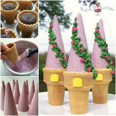 ice cream cones are decorated with flowers and icing