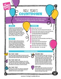 the new year's countdown poster is shown with balloons and other things to do