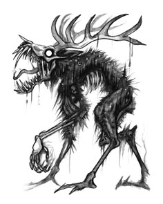 a black and white drawing of a monster with horns on it's head, holding its