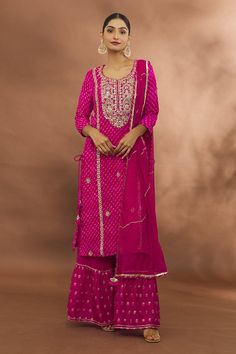 Shop for these amazing collections of Pink Kurta And Sharara Georgette Embroidered Leheriya Pattern & Gota Work Set For Women by Khwaab by Sanjana Lakhani online at Aza Fashions. Tassel Dupatta, Kurta And Sharara, Embroidered Sharara, Pink Kurta, Kurta Sharara, Georgette Dupatta, Gota Work, Fashion App