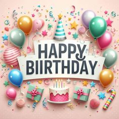 a happy birthday sign surrounded by balloons, gifts and confetti on a pink background