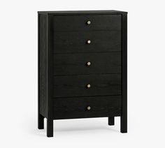 a black chest of drawers with gold knobs on the top and bottom, against a white background