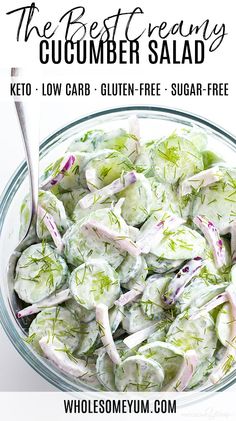 a bowl filled with cucumber salad next to a white background and text overlay that reads, the best healthy cucumber salad keto low carb - gluen - free sugar - free