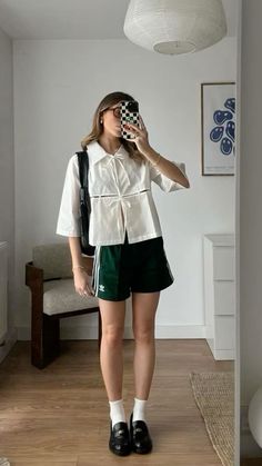 Green Adidas Shorts Outfit, Summer Vietnam Outfit, Artsy Minimalist Fashion, Skirt Oversized Shirt Outfit, Japanese Street Style Summer, Purple Outfits Summer, Uniqlo Round Mini Shoulder Bag Outfit, Short Sleeve Plaid Shirt Outfit, Japanese Tomboy Fashion