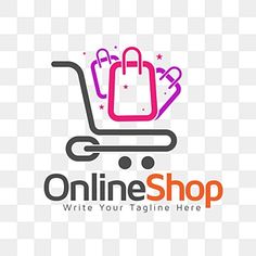 the logo for online shop with shopping cart and bags on it, which is also in pink