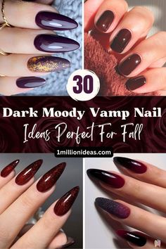 Dark Moody Vamp Nail Ideas Dark Acrylic Nails, Dark Color Nails, Dark Nail Art, Dark Nail Designs, Purple Manicure, Dark Purple Nails