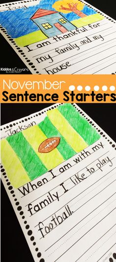 two notebooks with writing on them and the words, november sentence starter