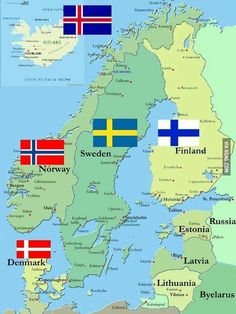 a map with flags on it and the names of countries in english, swedish, and norwegian