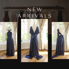 three pictures of a dress on display in front of a window with the words new arrivals