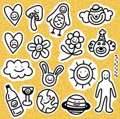 some stickers that are on the side of a yellow background with black and white images