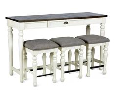 three stools and a table with two drawers on each side, in white finish