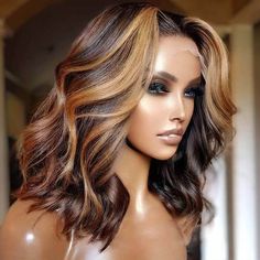 Highlight Color Short Body Wave Human Hair Wig Shoulder Length 180% Density Highlights Bob, Highlight Bob, Highlight Wig, Ombre Bob, Color Rubio, Blonde Bob Wig, Bob Lace Front Wigs, Wig Human Hair, Colored Wigs