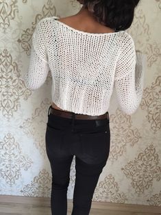 Trendy Long Sleeve Open Knit Crop Top, White Crop Top For Winter, White Stretch Cropped Sweater, Trendy Knitted Tops, Bohemian Chunky Knit Top For Winter, Bohemian Chunky Knit Winter Top, Trendy Crop Top Sweater, Casual Handmade Long Sleeve Top, Trendy Handmade Knit Sweater