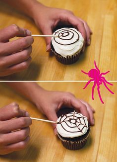 someone is decorating cupcakes with white frosting and spider web on them