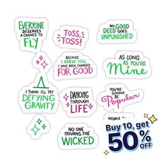 stickers with different sayings and phrases for sale on the back of a white background