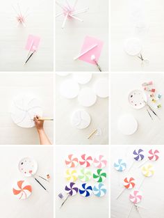 the process of making paper lollipops is shown in several different stages and colors