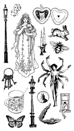 an image of various items that are drawn in black and white on a sheet of paper