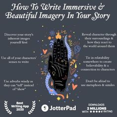 a poster with the words how to write imervise and beautiful imagery in your story