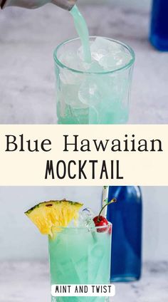 Enjoy this refreshing Blue Hawaiian mocktail made with cream of coconut, blue Curacao syrup, and pineapple juice. A tropical non-alcoholic drink perfect for any occasion. Hawaiian Mocktail, Blue Hawaiian Drink, Hawaiian Drinks