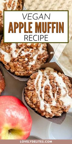 vegan apple muffins with white icing and an apple on the side