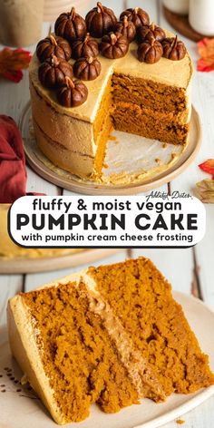 a pumpkin cake on a plate with the words fluffy & most vegan pumpkin cake